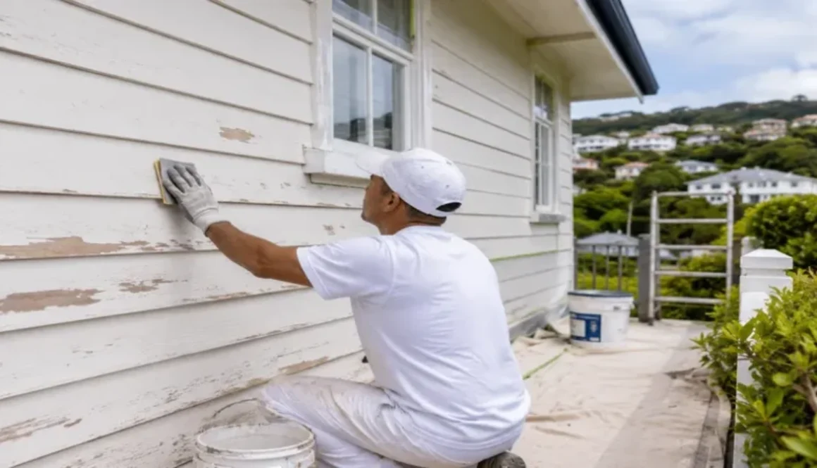 Painter preparing an exterior weatherboard wall