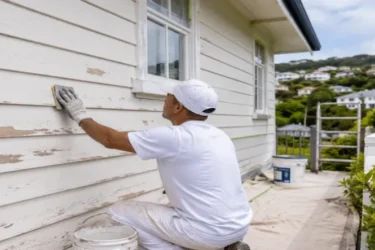 Painter preparing an exterior weatherboard wall
