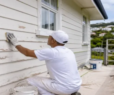 Painter preparing an exterior weatherboard wall